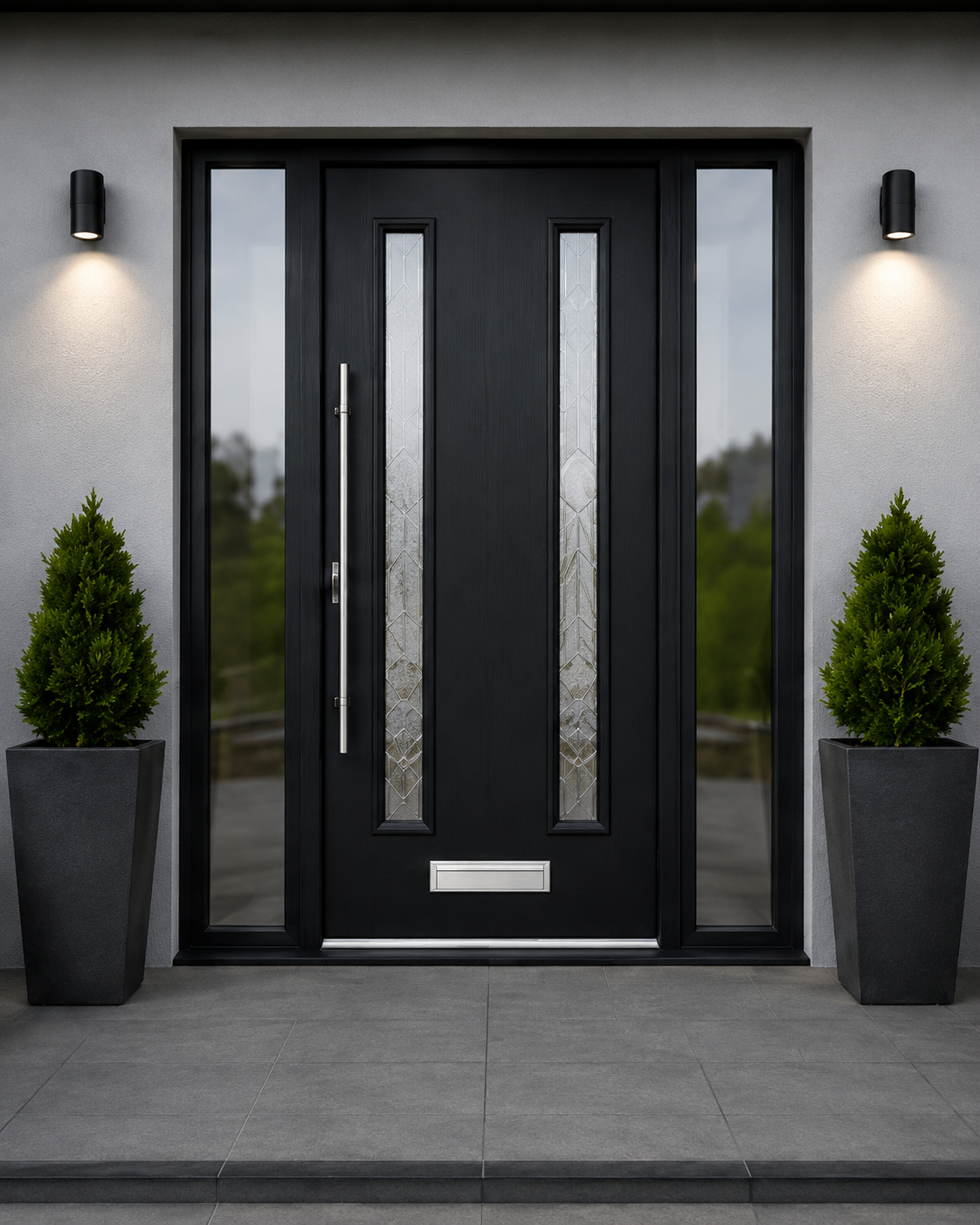 Black high security composite front door with side glazing flanked by planters